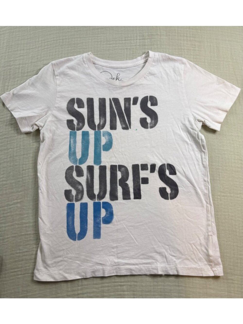 Peek Kids White Graphic T-Shirt Suns Up Surfs Up Print Large (8) 100% Cotton Mad